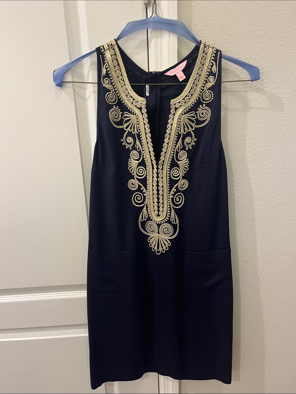 Lilly Pulitzer Navy Mini Dress with Gold Embroidered Plunge